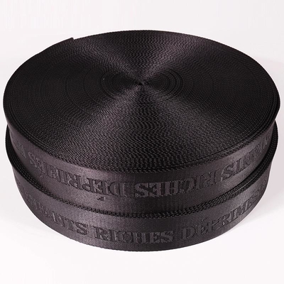 Προσαρμοσμένο λογότυπο υφασμένο Jacquard Strap Webbing σε μαύρο χρώμα για 38mm Nylon Shoulder Strap