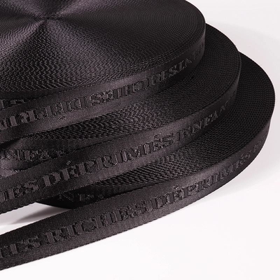 Προσαρμοσμένο λογότυπο υφασμένο Jacquard Strap Webbing σε μαύρο χρώμα για 38mm Nylon Shoulder Strap